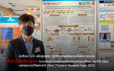 นักศึกษา ป.โท หลักสูตรสาขาวิชาวิทยาศาสตร์และเทคโนโลยีการอาหาร คว้ารางวัลเหรียญทอง ด้านการสาธารณสุข สุขภาพ และเทคโนโลยีการแพทย์ (ระดับบัณฑิตศึกษา) ในงาน “มหกรรมงานวิจัยแห่งชาติ 2564